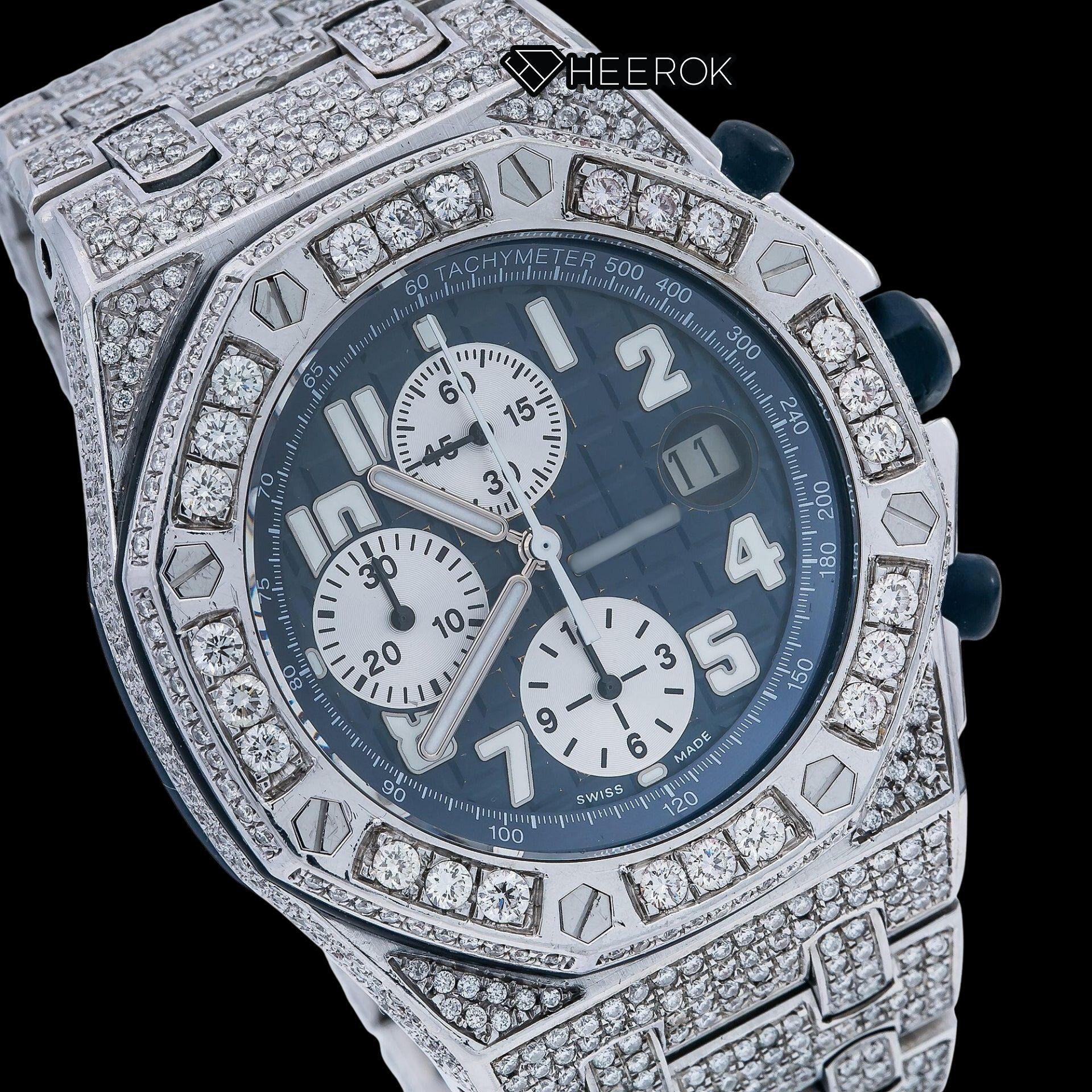 AP Royal Oak Offshore Chronograph Blue Dial White Standard Numerals Large Round Diamond Bezel Fully Iced Out Moissanite Watch