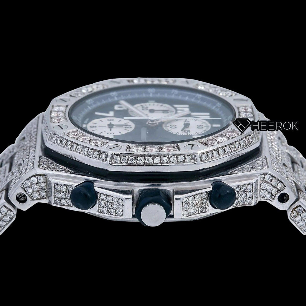 AP Royal Oak Offshore Chronograph Blue Dial White Standard Numerals Large Round Diamond Bezel Fully Iced Out Moissanite Watch