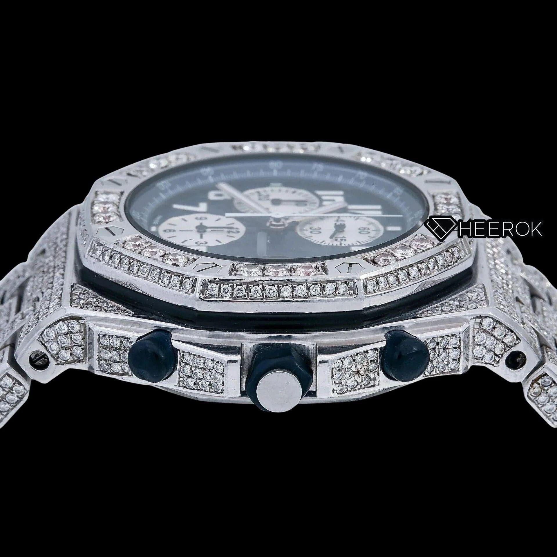 AP Royal Oak Offshore Chronograph Blue Dial White Standard Numerals Large Round Diamond Bezel Fully Iced Out Moissanite Watch