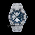 AP Royal Oak Offshore Chronograph Blue Dial White Standard Numerals Large Round Diamond Bezel Fully Iced Out Moissanite Watch
