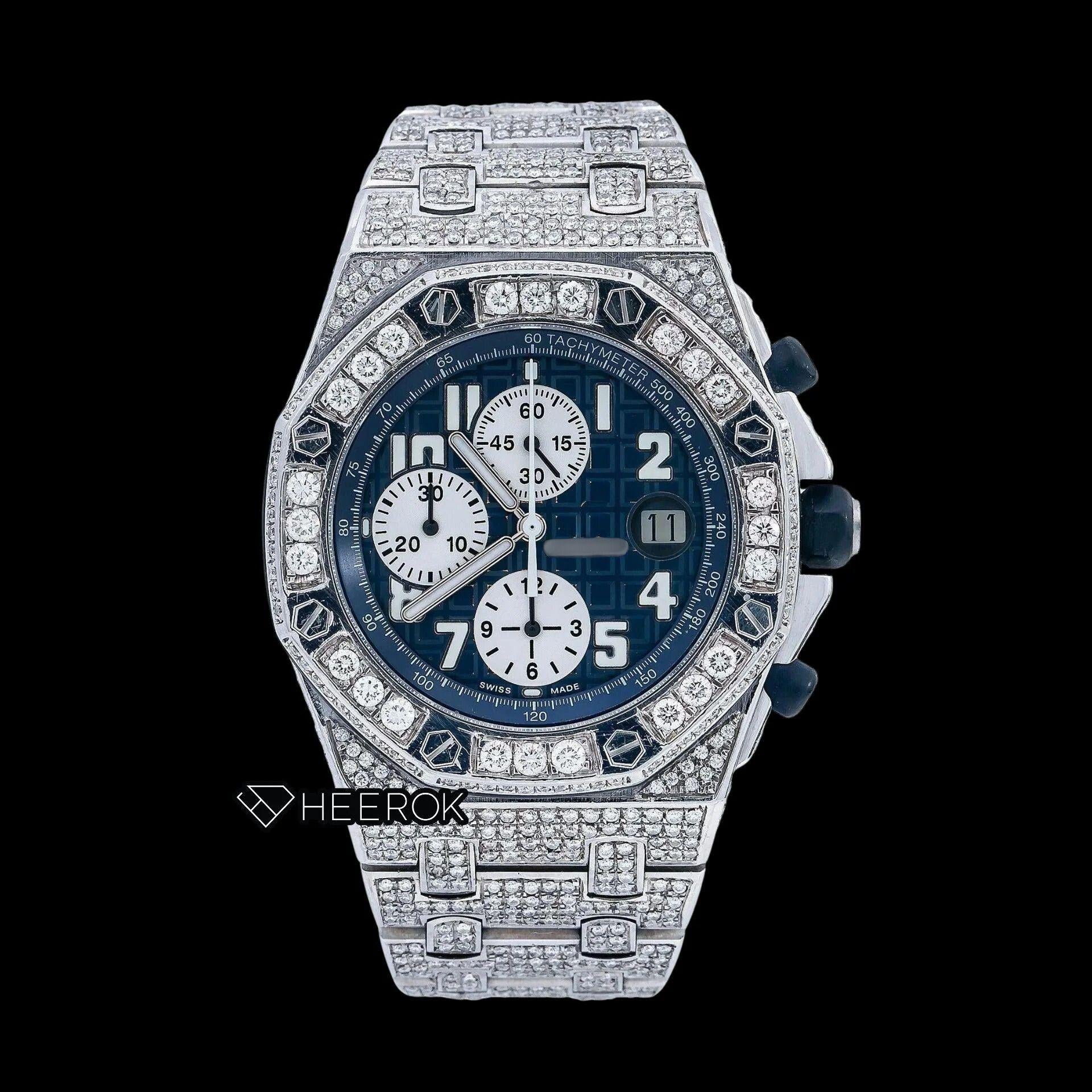 AP Royal Oak Offshore Chronograph Blue Dial White Standard Numerals Large Round Diamond Bezel Fully Iced Out Moissanite Watch