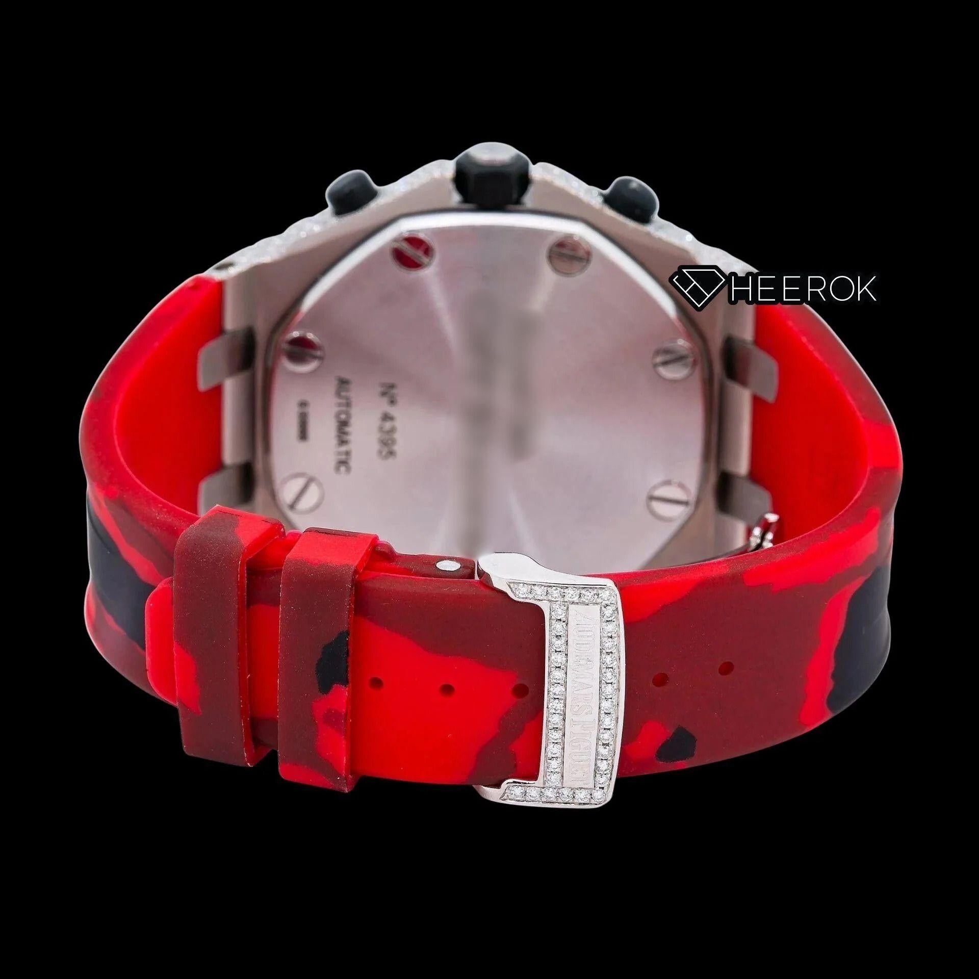 AP Royal Oak Offshore Chronograph Diamond Dial Standard Numerals Large Round Diamond Rose Gold Bezel Red Black Camouflage Rubber Strap Semi Iced Out Moissanite Watch