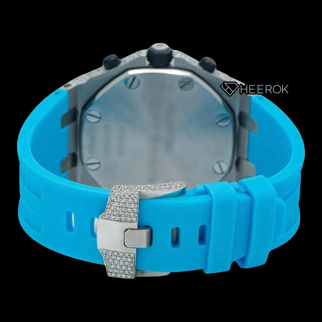 AP Royal Oak Offshore Chronograph Pave Diamond Dial Red Standard Numerals Blue Rubber Strap Semi Iced Out Moissanite Watch