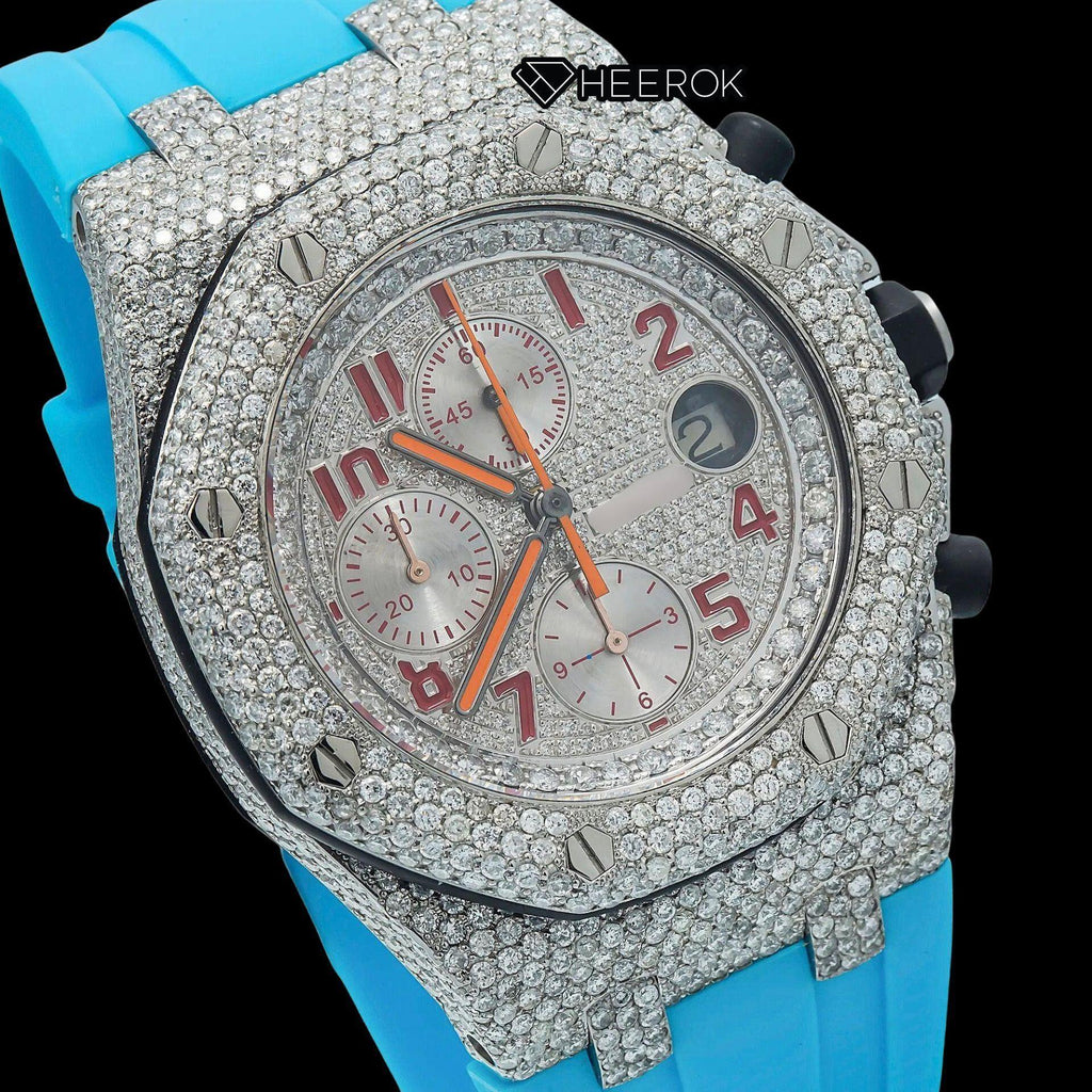 AP Royal Oak Offshore Chronograph Pave Diamond Dial Red Standard Numerals Blue Rubber Strap Semi Iced Out Moissanite Watch