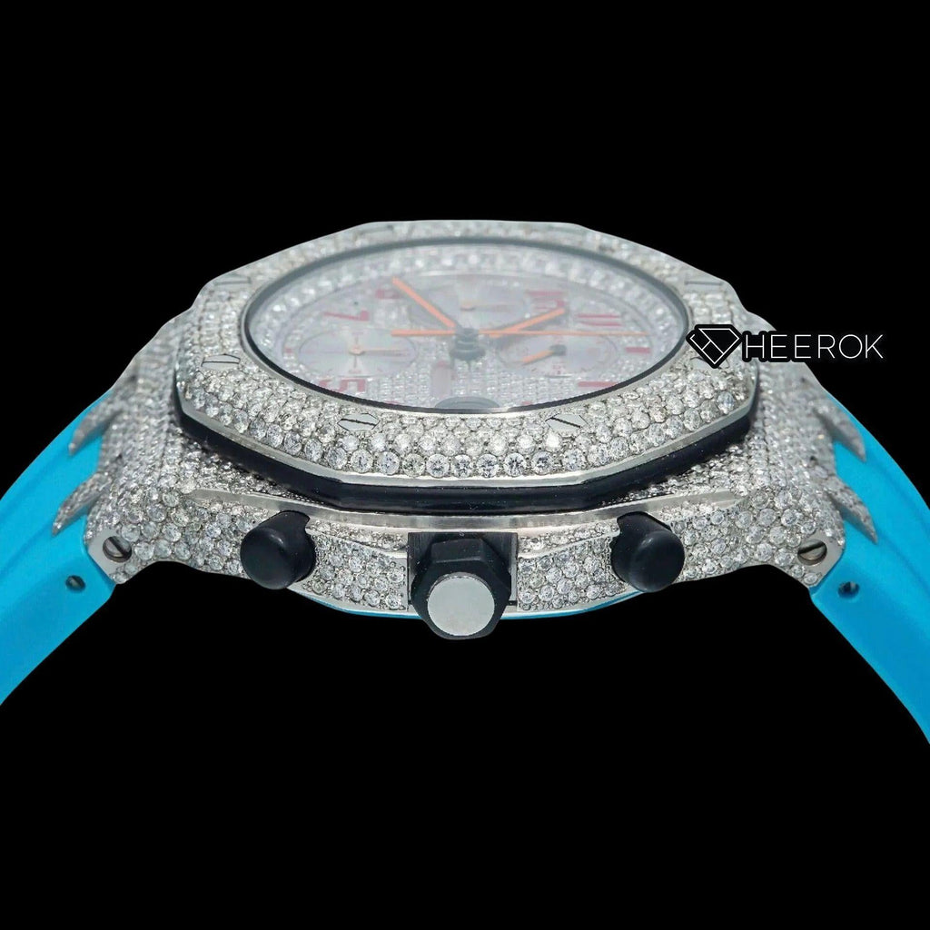 AP Royal Oak Offshore Chronograph Pave Diamond Dial Red Standard Numerals Blue Rubber Strap Semi Iced Out Moissanite Watch