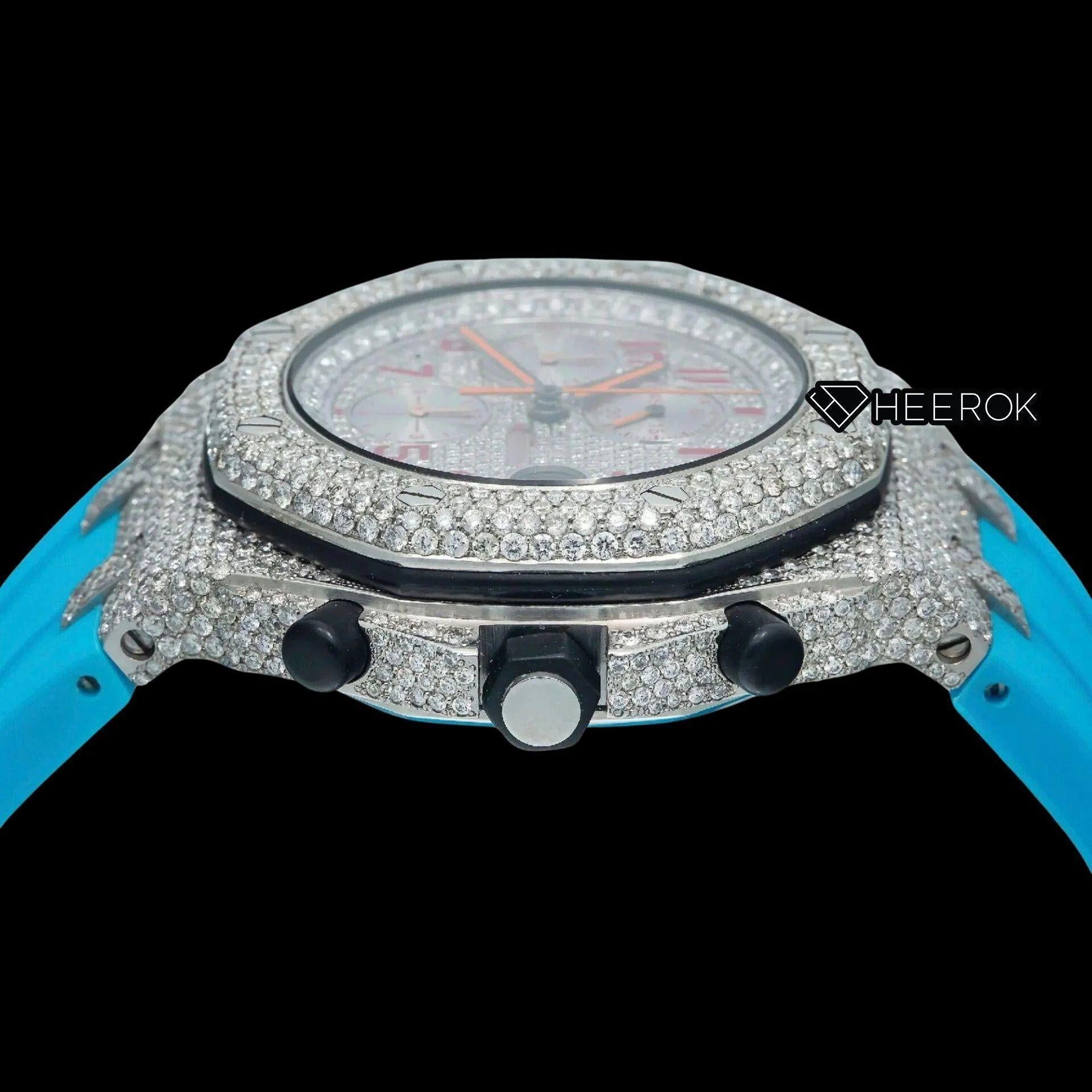AP Royal Oak Offshore Chronograph Pave Diamond Dial Red Standard Numerals Blue Rubber Strap Semi Iced Out Moissanite Watch