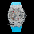 AP Royal Oak Offshore Chronograph Pave Diamond Dial Red Standard Numerals Blue Rubber Strap Semi Iced Out Moissanite Watch