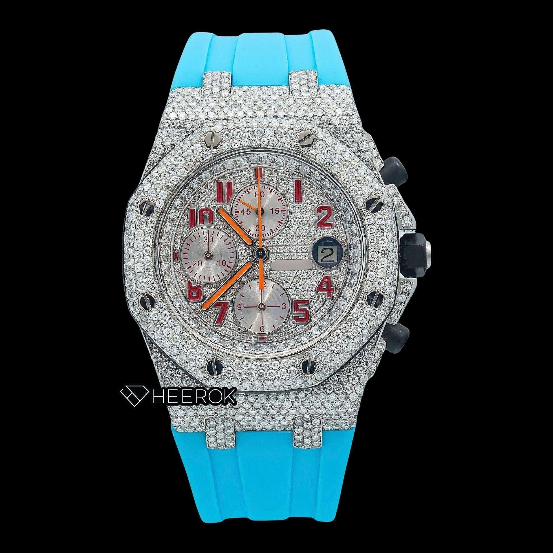 AP Royal Oak Offshore Chronograph Pave Diamond Dial Red Standard Numerals Blue Rubber Strap Semi Iced Out Moissanite Watch