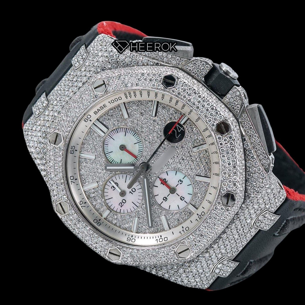 AP Royal Oak Offshore Full Pave Chronograph Diamond Dial Stick Markers Diamond Bezel Black Leather Strap Semi Iced Out Moissanite Watch