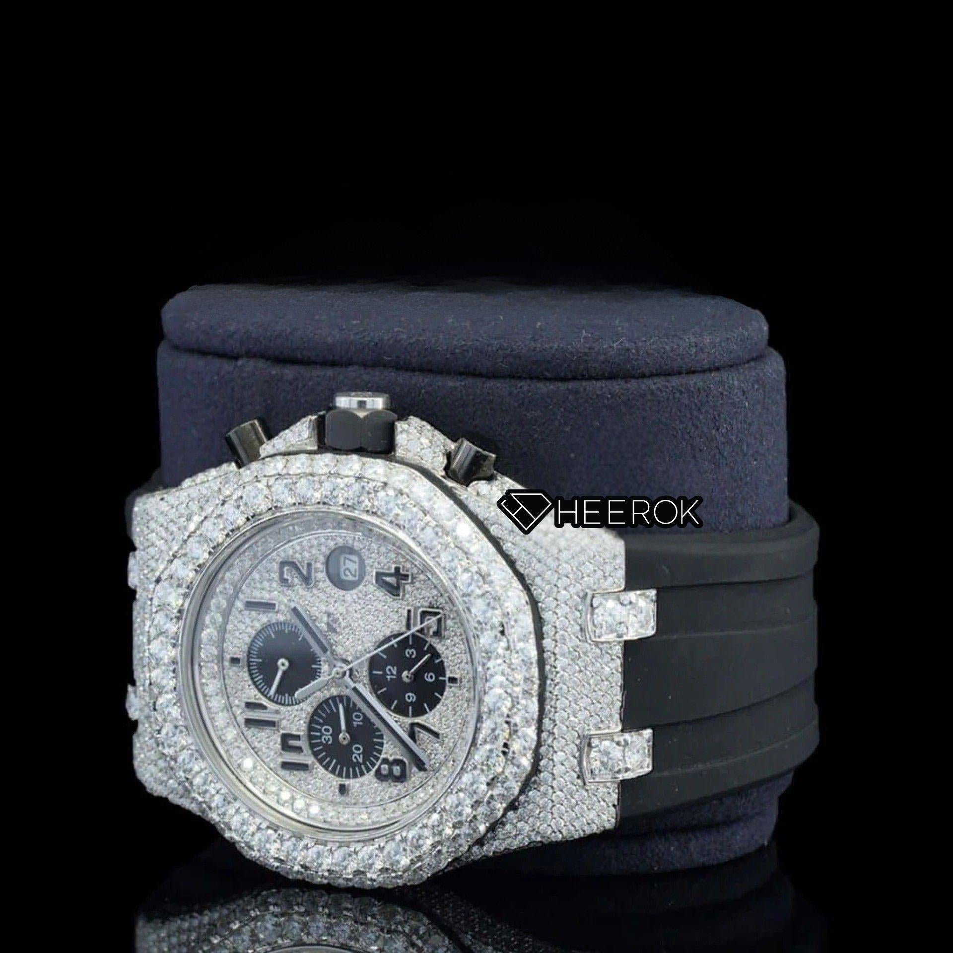 AP Royal Oak Offshore Standard Numerals Chronograph White Dial Diamond Bezel Moissanite Diamond Black Rubber Strap