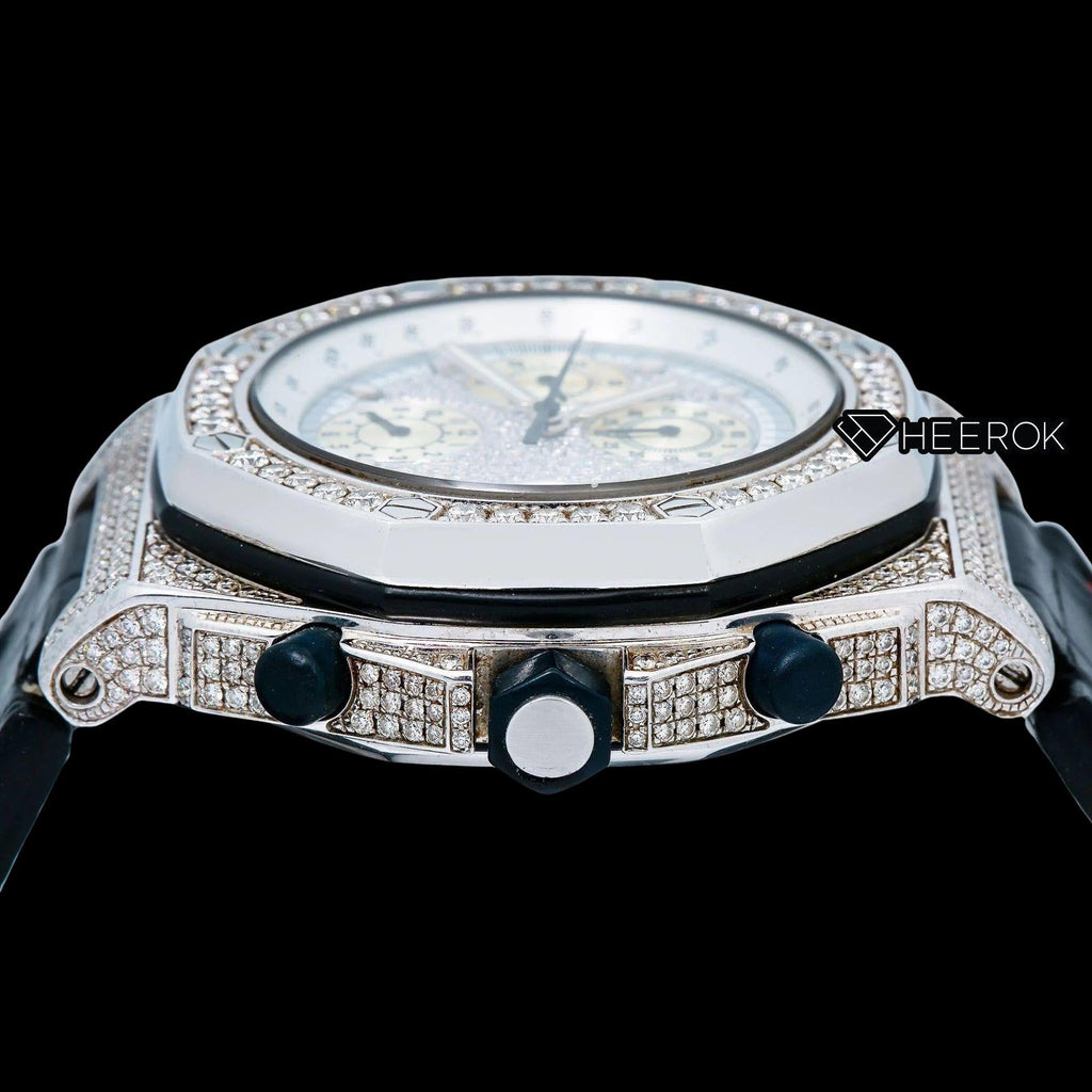 AP Royal Oak Offshore White Dial Diamond Markers Diamond Bezel Leather Strap Semi Iced Moissanite Diamond Watch