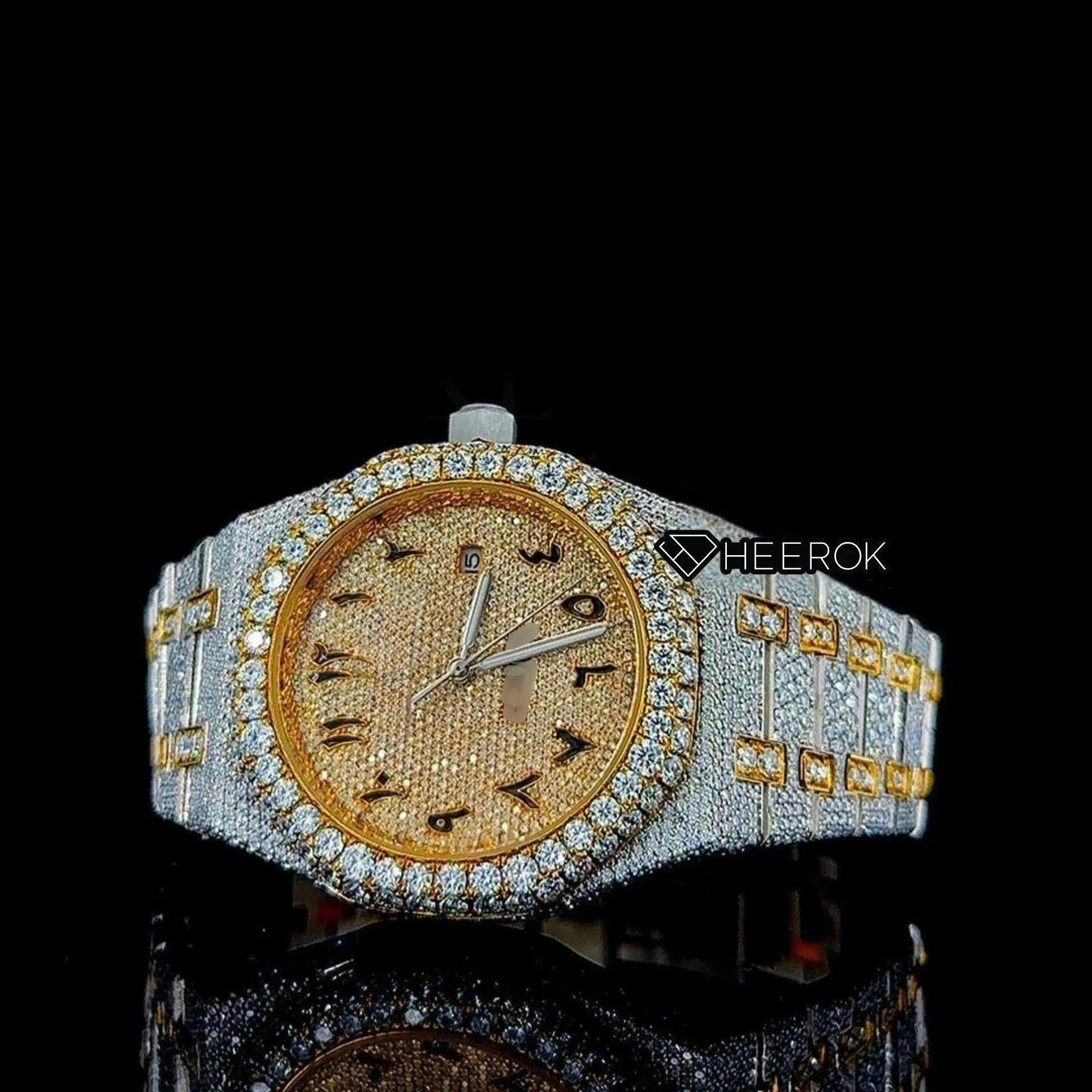 AP Royal Oak Yellow Dial Black Arabic Numerals Diamond Bezel Two Tone Yellow Gold Moissanite Diamond
