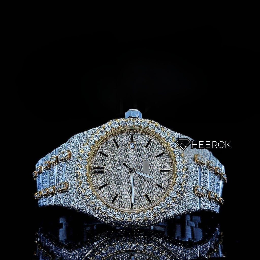AP Royal Oak Yellow Dial Black Stick Markers Diamond Bezel Two Tone Yellow Gold Moissanite Diamond