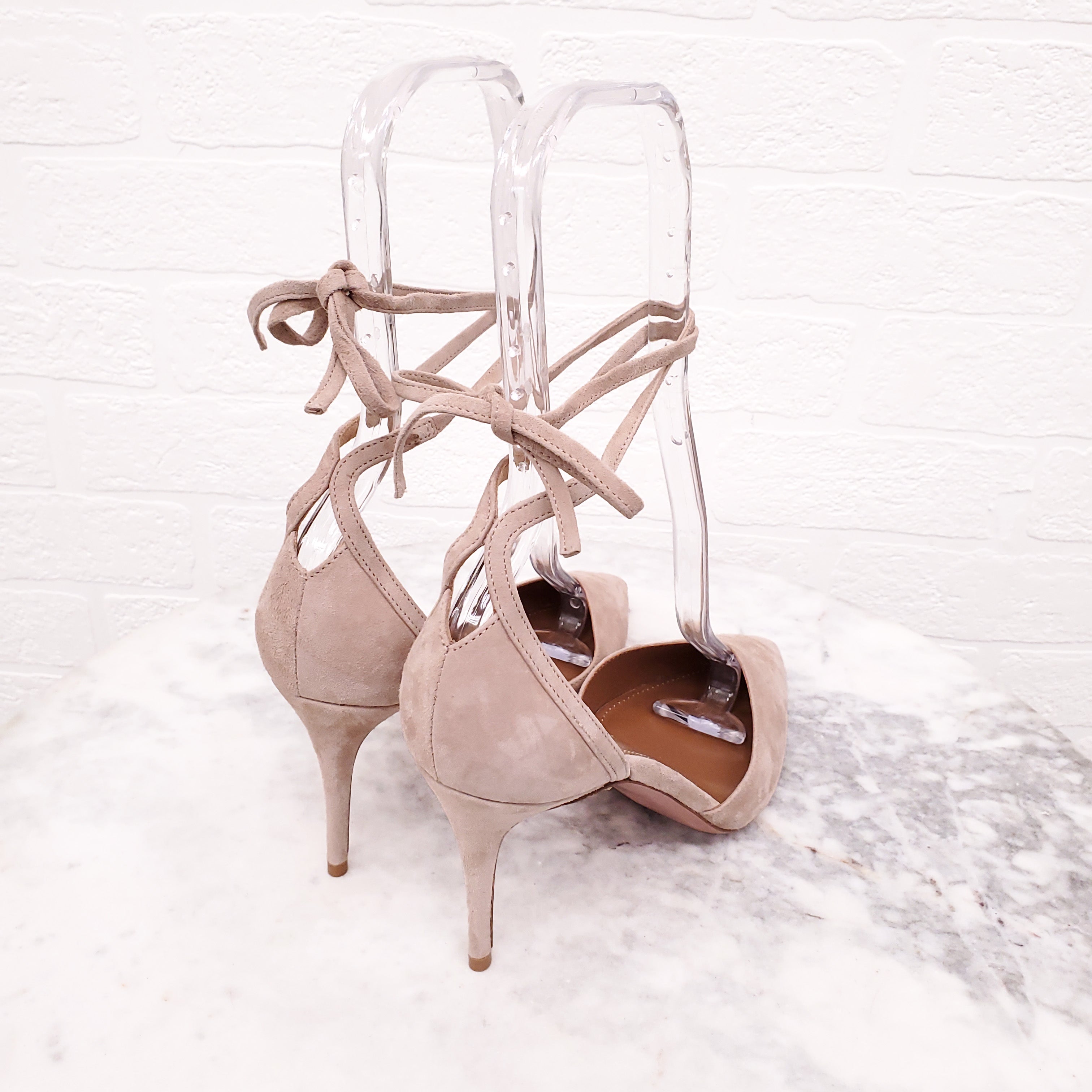 AQUAZZURA NUDE SUEDE TIE UP HEELS - SIZE 37