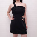 AREA BLACK ONE SHOULDER DRESS WITH CRYSTAL BUCKLE - SIZE L