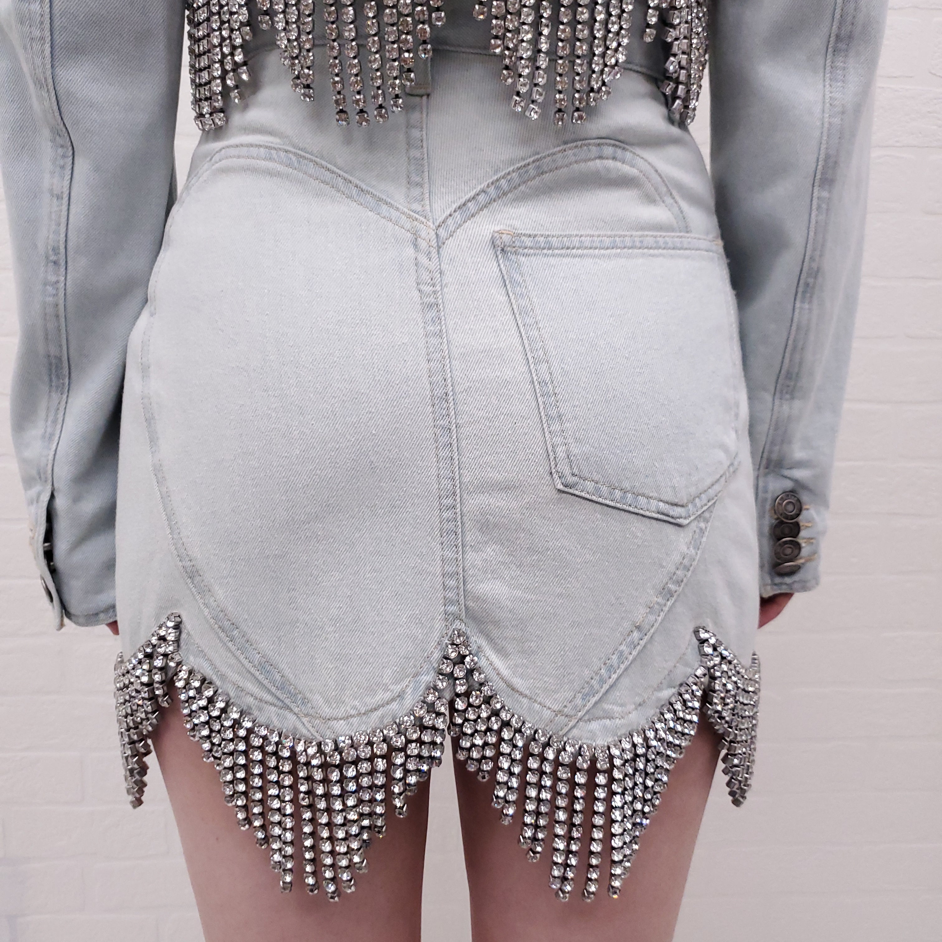 AREA DENIM SCALLOPED CRYSTAL FRINGE SKIRT - SIZE 27
