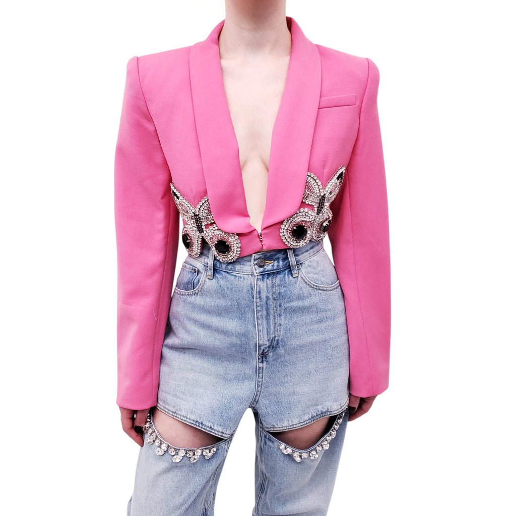 AREA PINK EMBROIDERED BUTTERFLY CROPPED BLAZER - SIZE 8