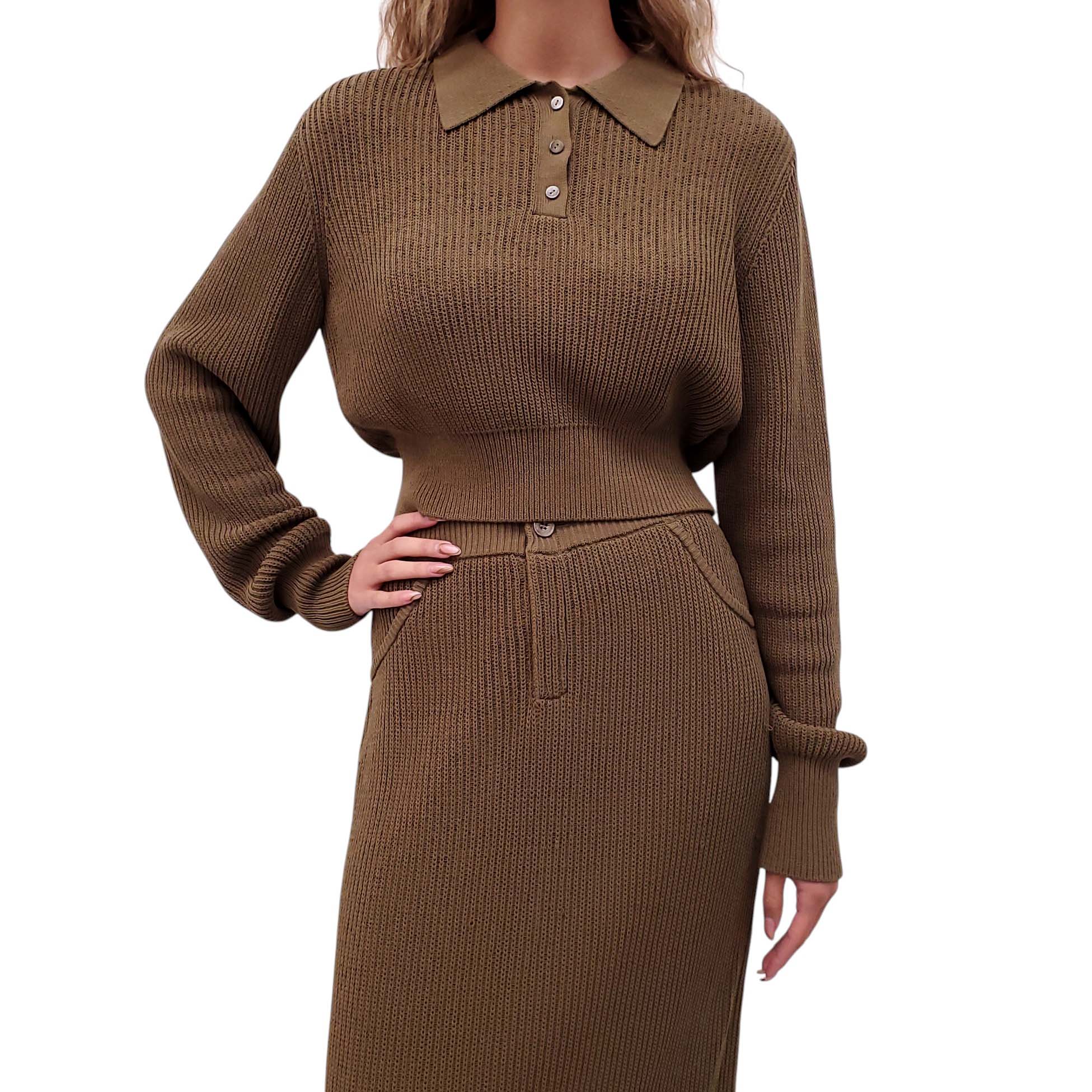 AYA MUSE KHAKI GREEN RIBBED KNIT SET - SIZE S