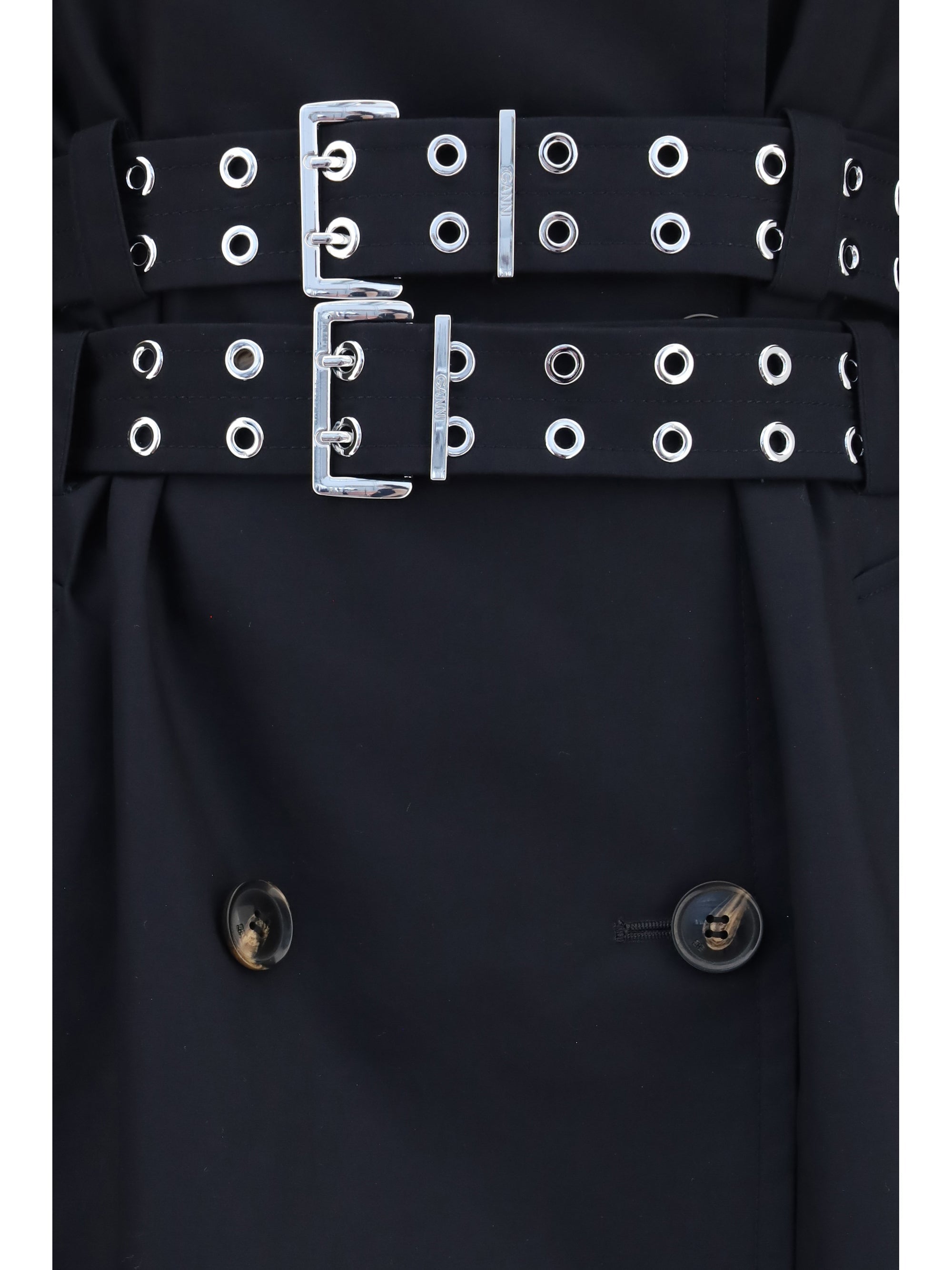 Ganni Women Double-Breasted Cotton Trench Coat With Double Belt