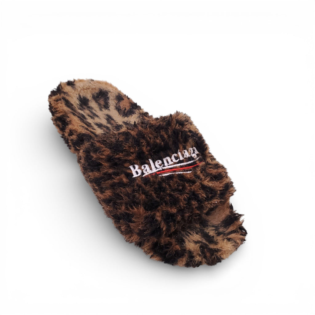 BALENCIAGA LEOPARD FUR LOGO SLIDES - SIZE 39
