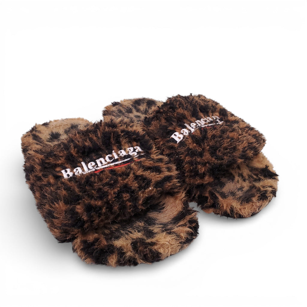 BALENCIAGA LEOPARD FUR LOGO SLIDES - SIZE 39