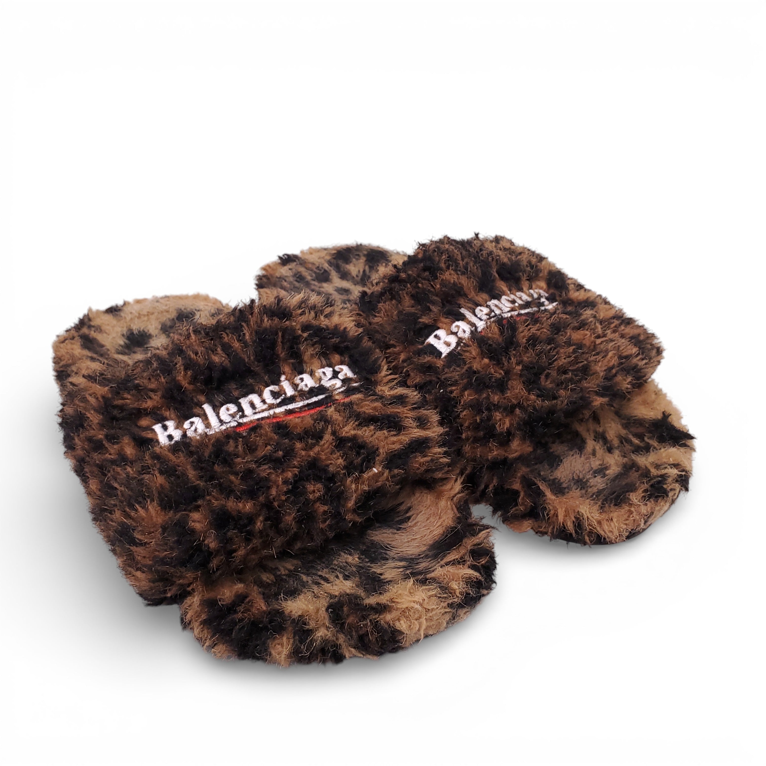 BALENCIAGA LEOPARD FUR LOGO SLIDES - SIZE 39