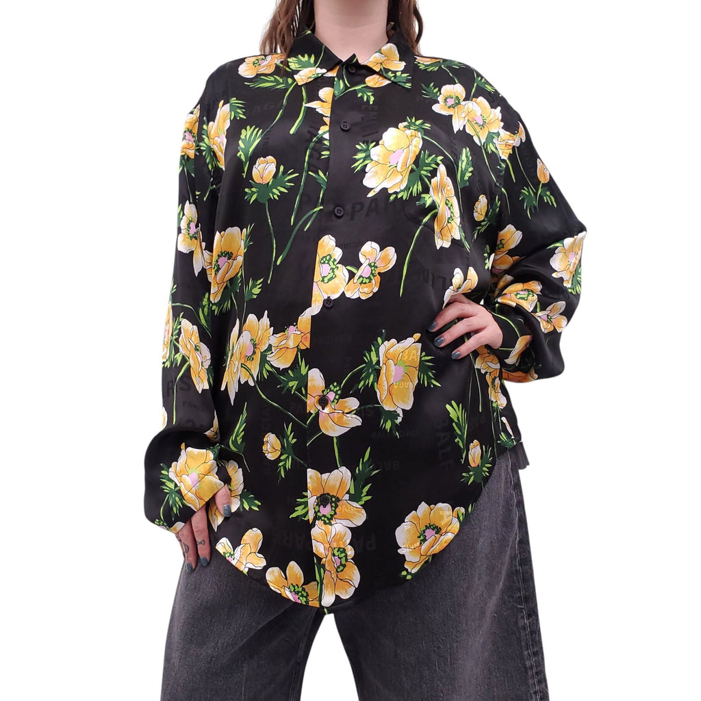 BALENCIAGA OVERSIZED BLACK AND YELLOW FLORAL PATTERNED SHIRT - SIZE 34