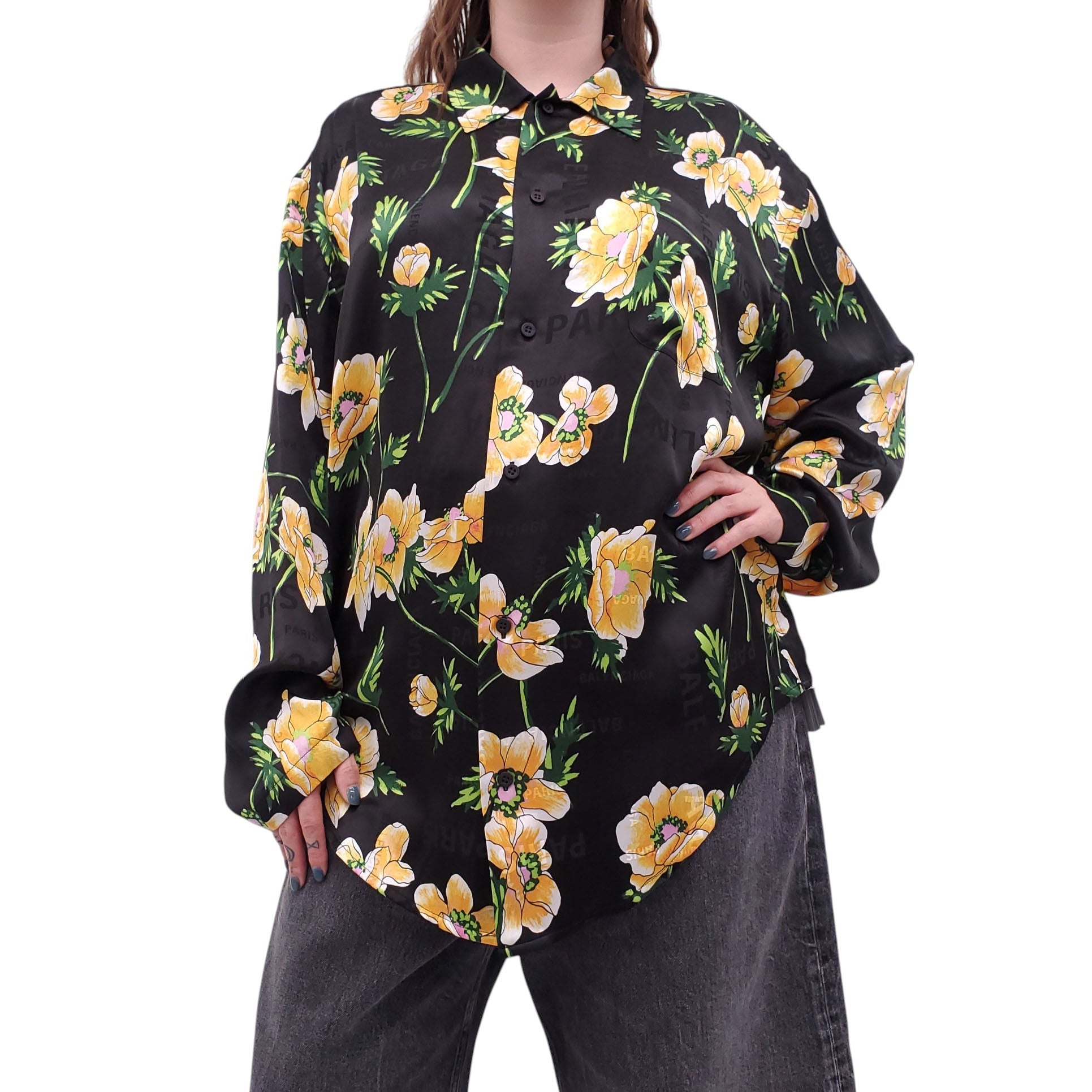 BALENCIAGA OVERSIZED BLACK AND YELLOW FLORAL PATTERNED SHIRT - SIZE 34