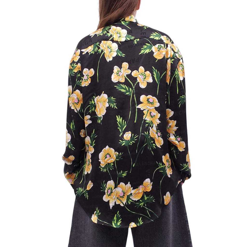 BALENCIAGA OVERSIZED BLACK AND YELLOW FLORAL PATTERNED SHIRT - SIZE 34