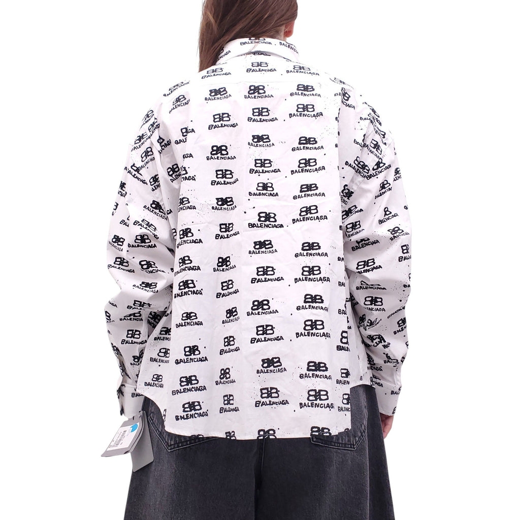 BALENCIAGA OVERSIZED WHITE AND BLACK LOGO POPLIN SHIRT - SIZE 36