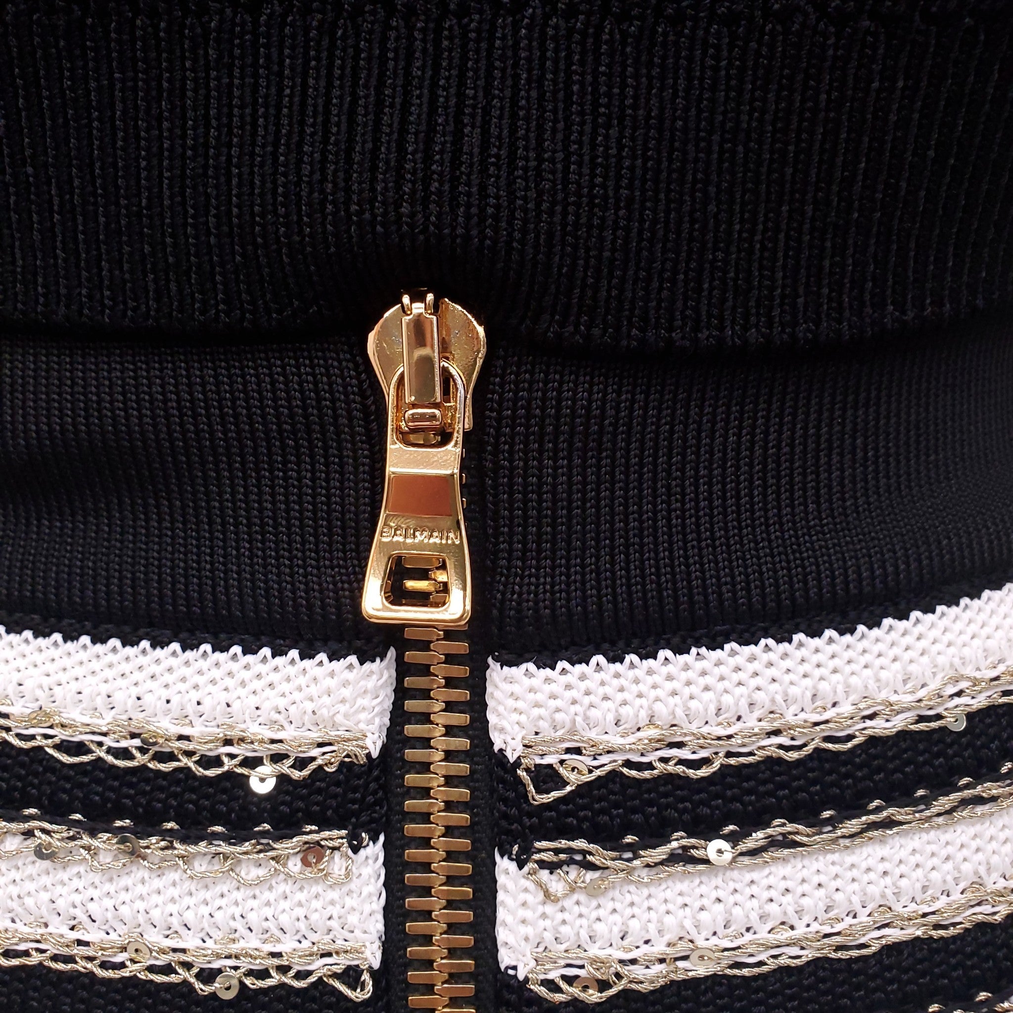 BALMAIN BLACK AND CREAM STRIPED SEQUIN SKIRT WITH GOLD METALLIC DETAILS AND LOGO BUTTONS - SIZE 36