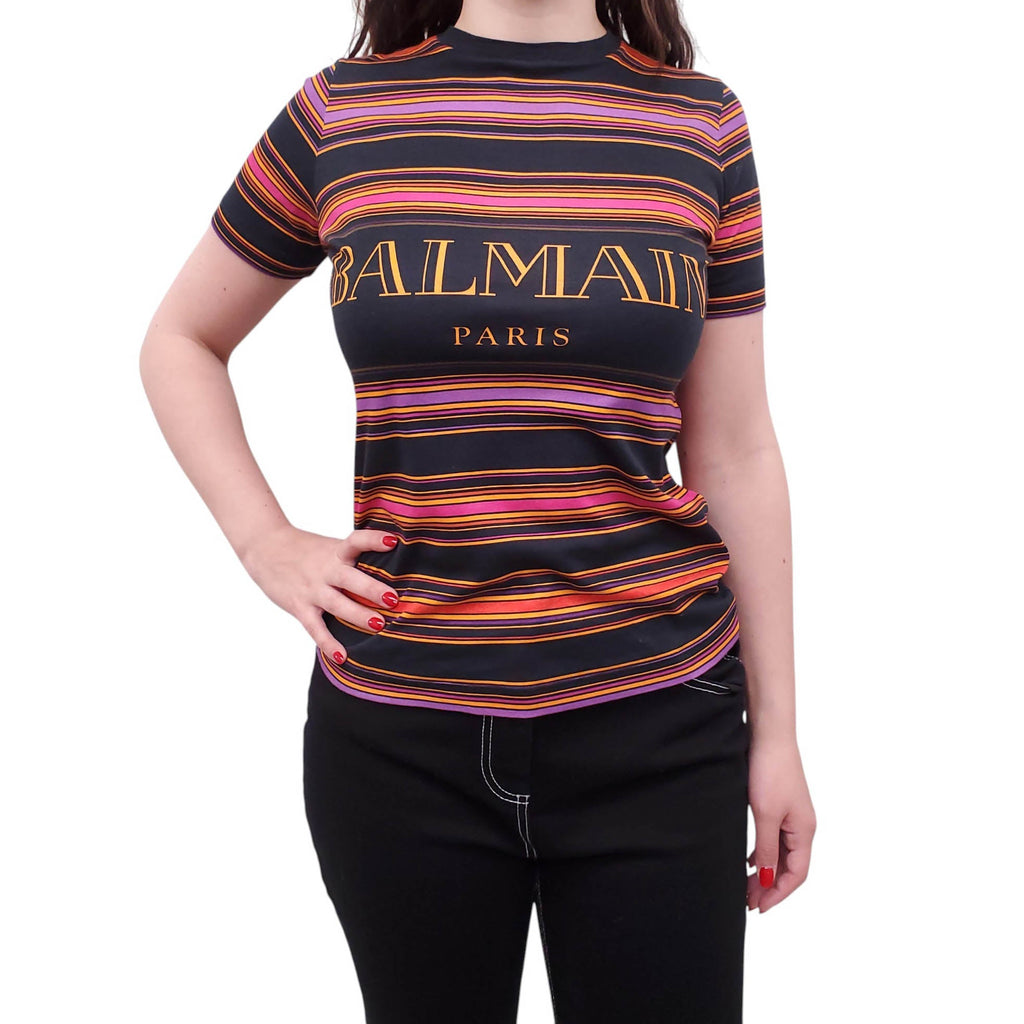 BALMAIN BLACK AND ORANGE STRIPED LOGO T-SHIRT - SIZE 34
