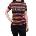 BALMAIN BLACK AND ORANGE STRIPED LOGO T-SHIRT - SIZE 34