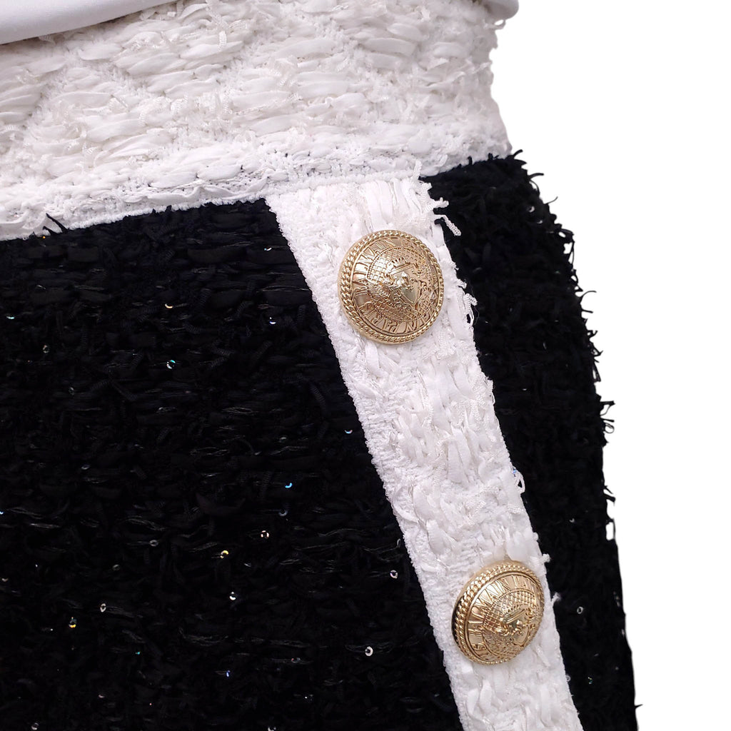 BALMAIN BLACK AND WHITE SEQUIN TWEED SHORTS - SIZE 38