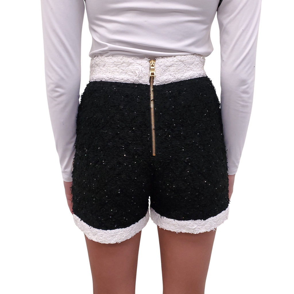 BALMAIN BLACK AND WHITE SEQUIN TWEED SHORTS - SIZE 38