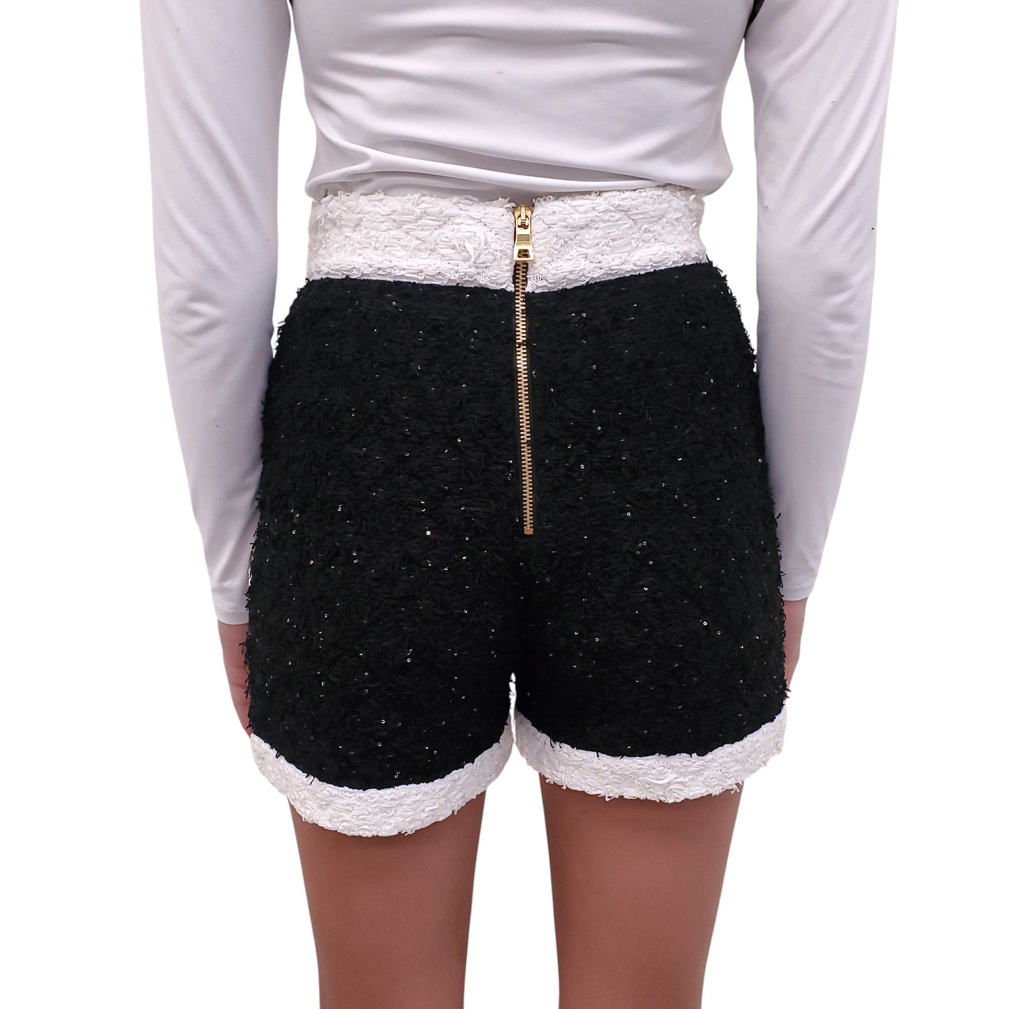 BALMAIN BLACK AND WHITE SEQUIN TWEED SHORTS - SIZE 38
