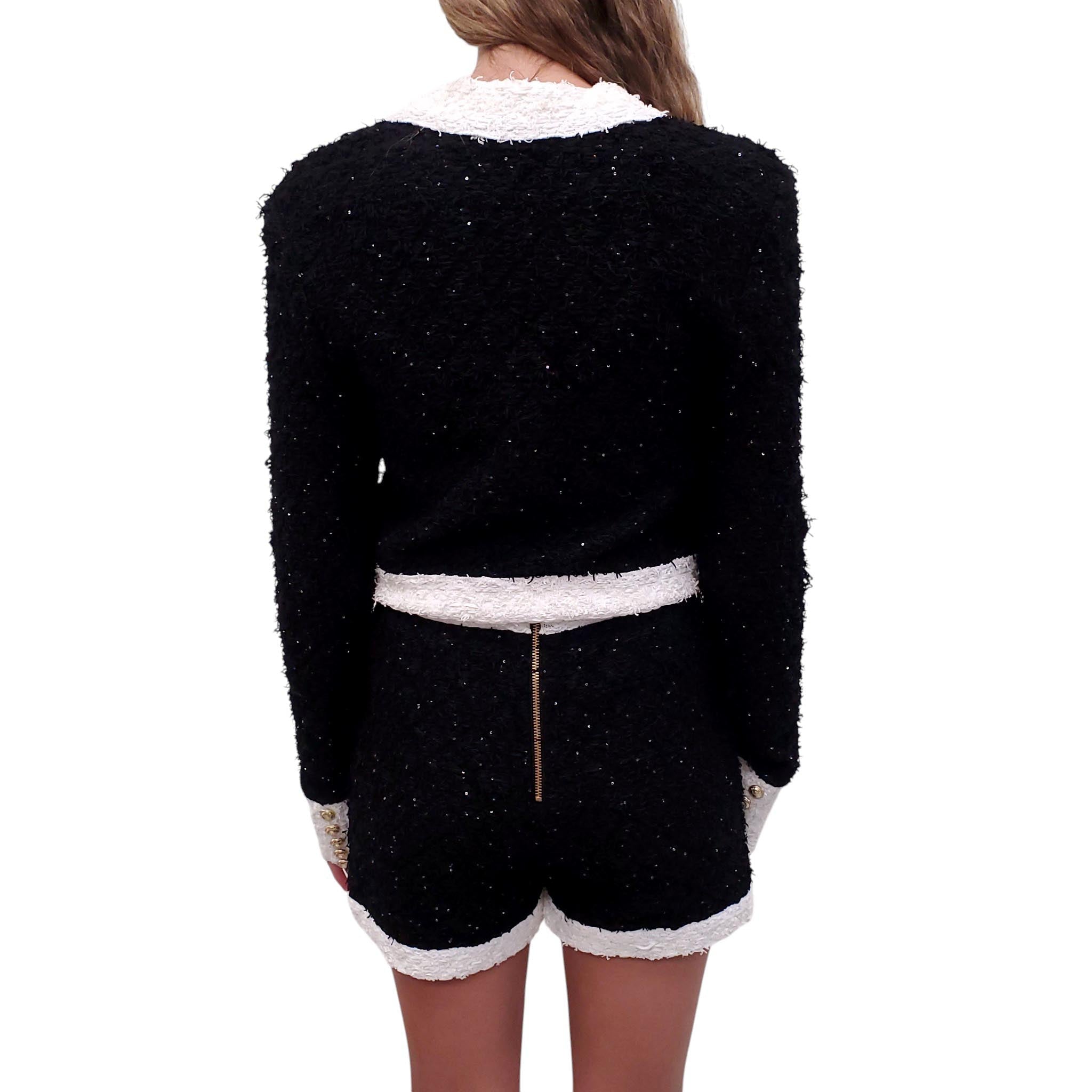 BALMAIN BLACK AND WHITE TWEED SEQUIN CARDIGAN JACKET - SIZE 40