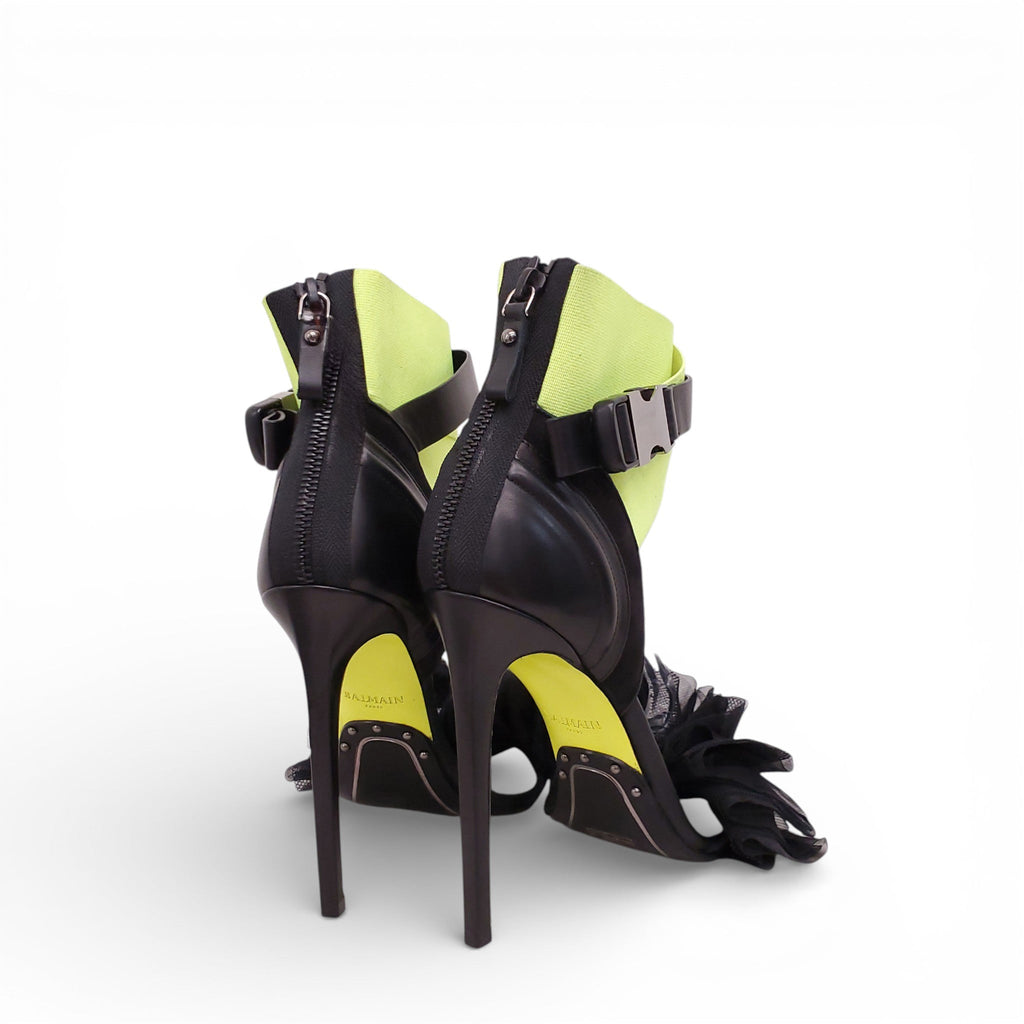 BALMAIN BLACK AND YELLOW TULLE HEELS - SIZE 40