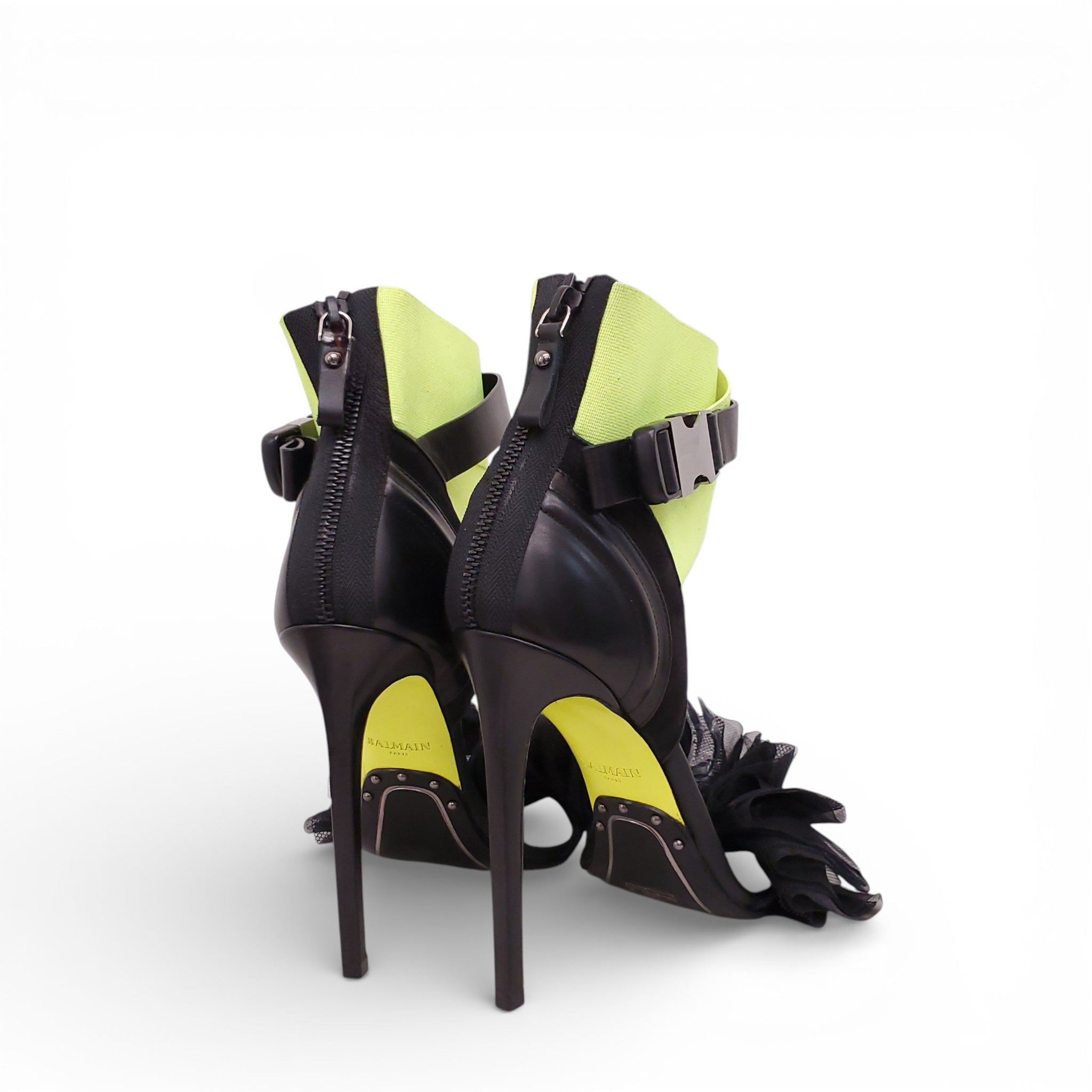 BALMAIN BLACK AND YELLOW TULLE HEELS - SIZE 40