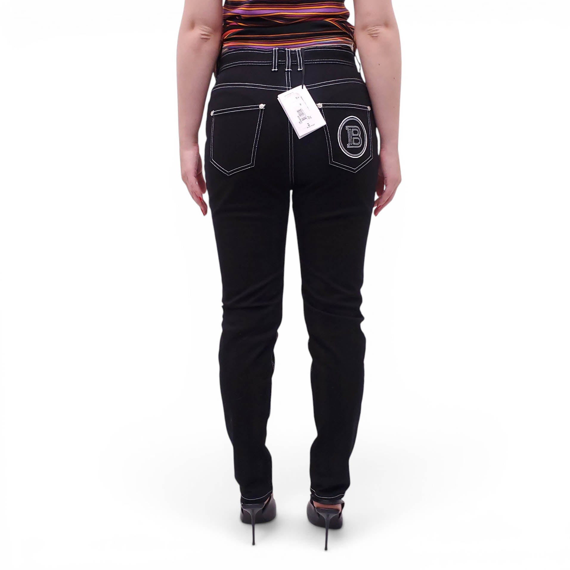 BALMAIN BLACK DENIM PANTS WITH WHITE STITCHING - SIZE 42