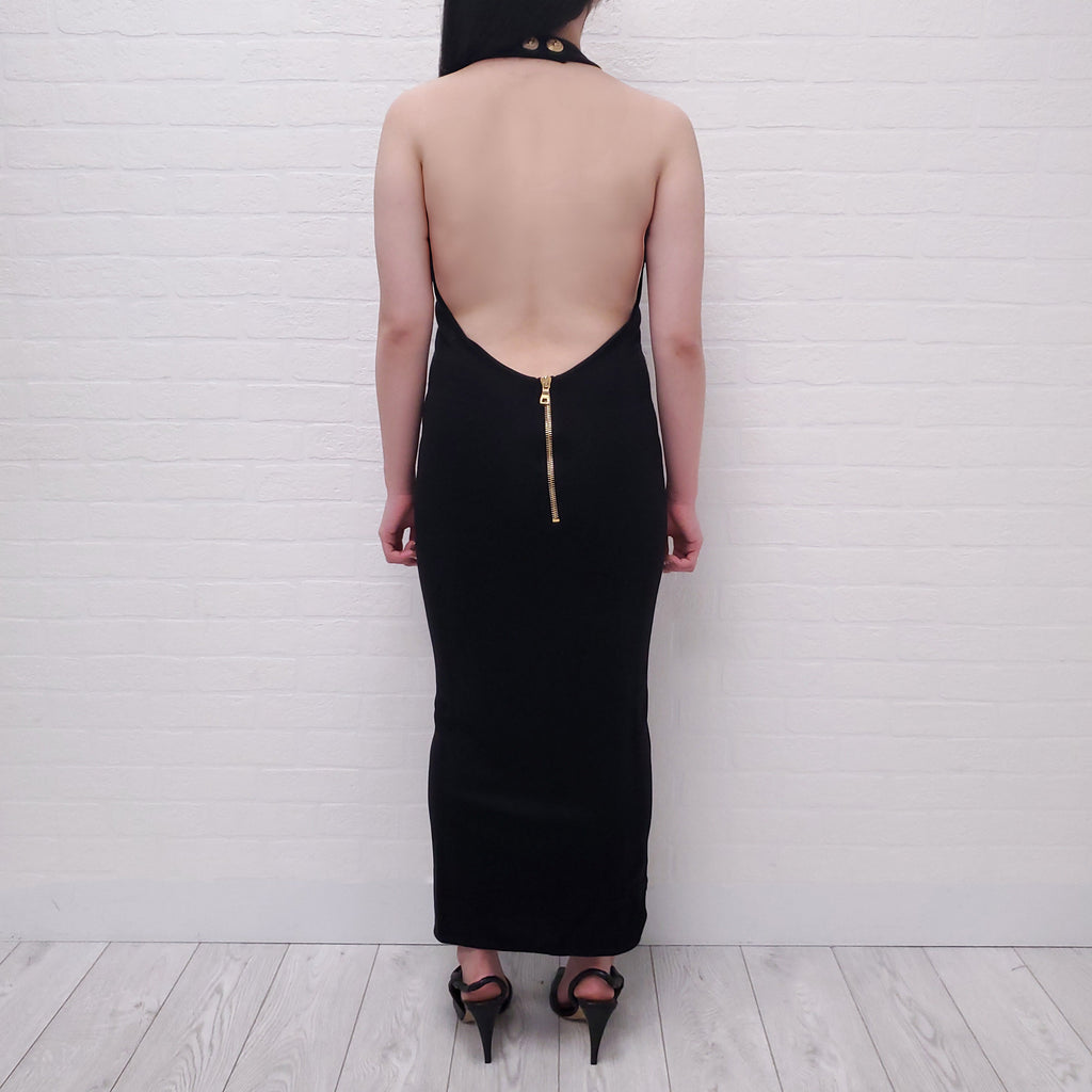 BALMAIN BLACK HALTER DRESS WITH LOGO BUTTON CLASP - SIZE 38