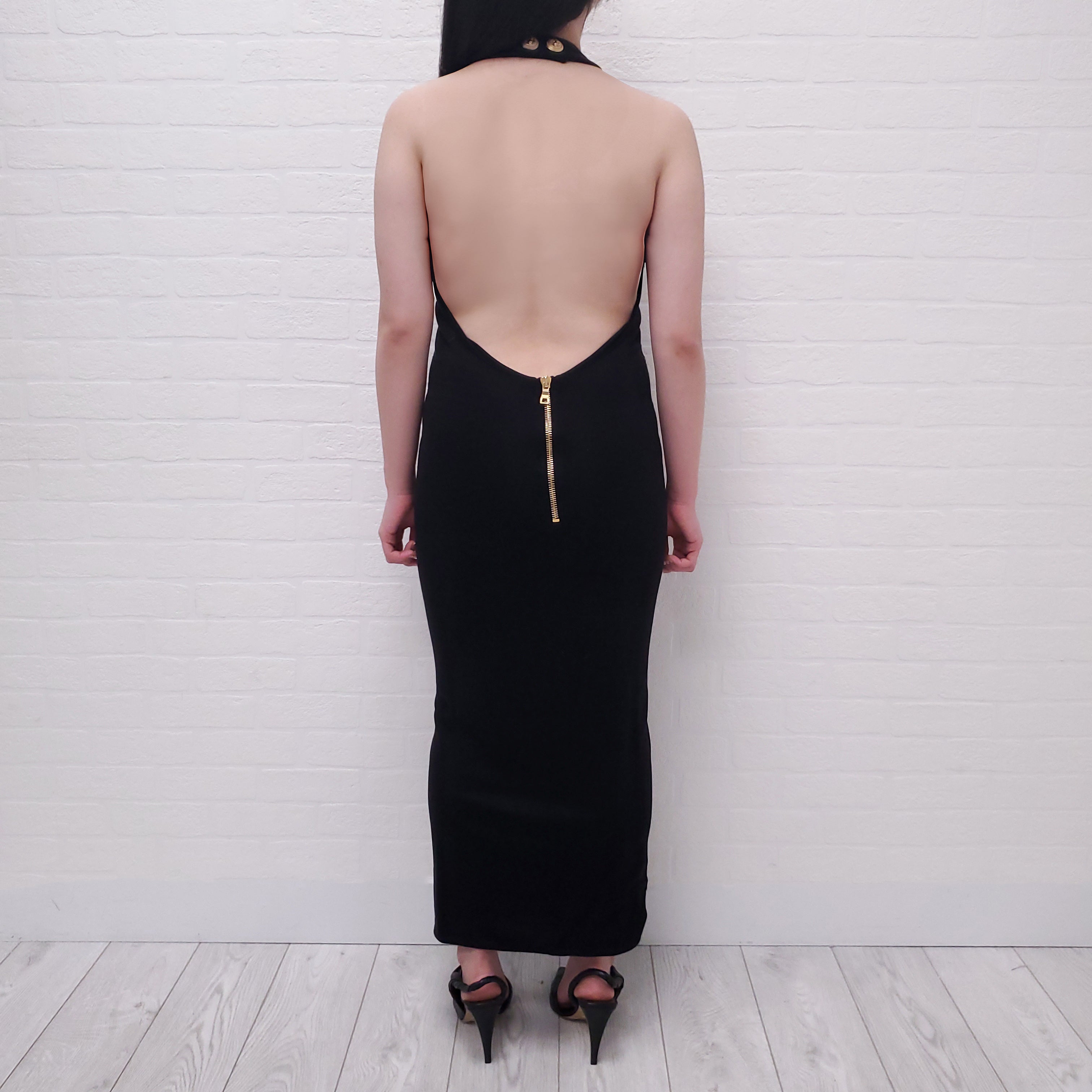 BALMAIN BLACK HALTER DRESS WITH LOGO BUTTON CLASP - SIZE 38