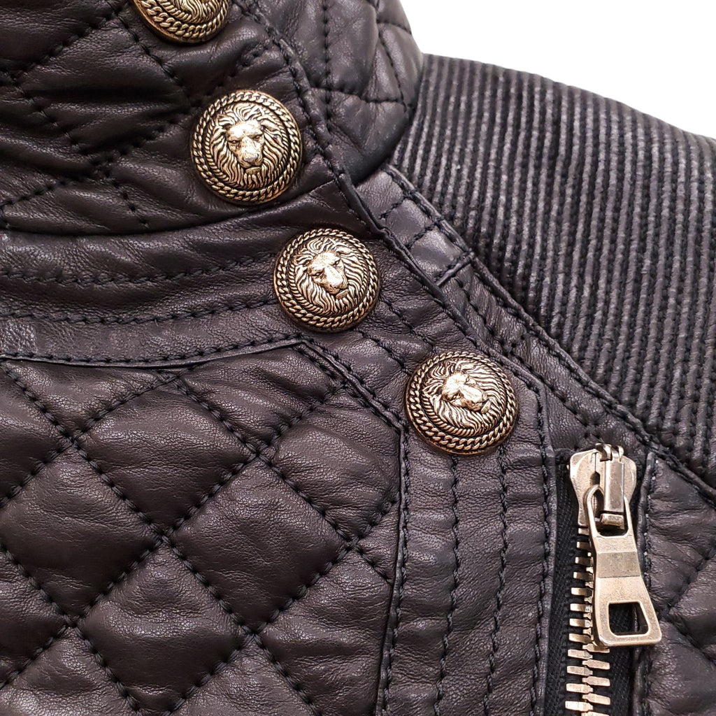 BALMAIN BLACK LEATHER QUILTED JACKET - SIZE 38
