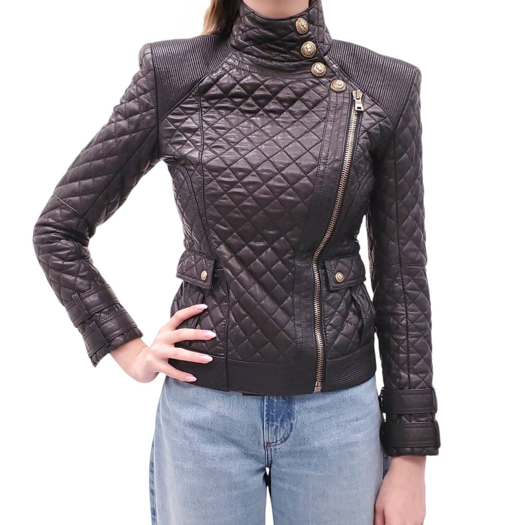 BALMAIN BLACK LEATHER QUILTED JACKET - SIZE 38