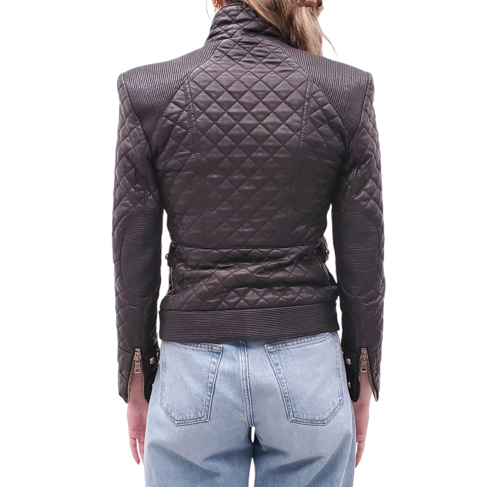 BALMAIN BLACK LEATHER QUILTED JACKET - SIZE 38