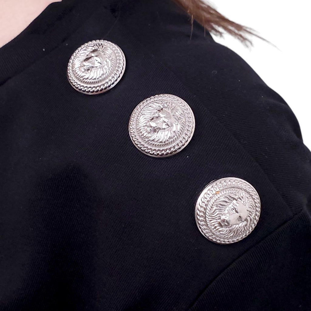 BALMAIN BLACK LOGO T-SHIRT WITH SILVER LOGO BUTTONS - SIZE 38