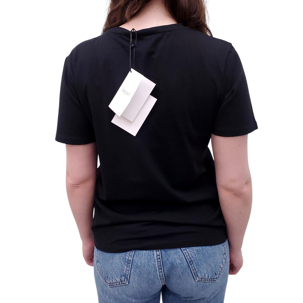 BALMAIN BLACK LOGO T-SHIRT WITH SILVER LOGO BUTTONS - SIZE 38