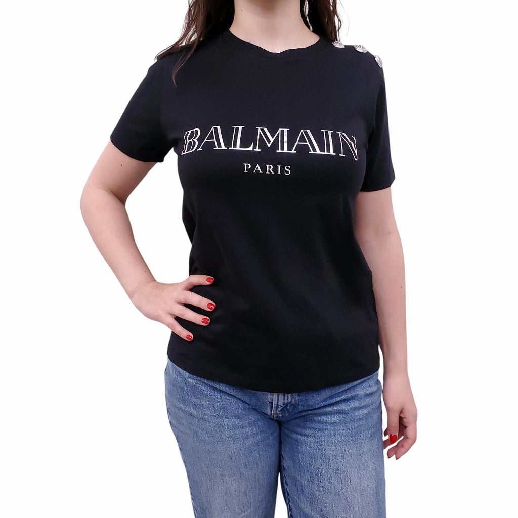 BALMAIN BLACK LOGO T-SHIRT WITH SILVER LOGO BUTTONS - SIZE 38