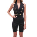 BALMAIN BLACK SLEEVELESS BLAZER ROMPER WITH GOLD LOGO BUTTONS - SIZE 38