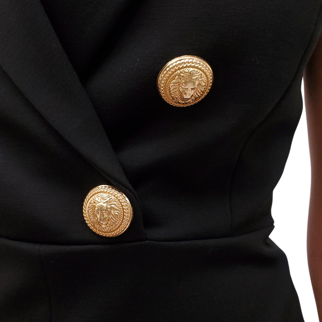 BALMAIN BLACK SLEEVELESS BLAZER ROMPER WITH GOLD LOGO BUTTONS - SIZE 38